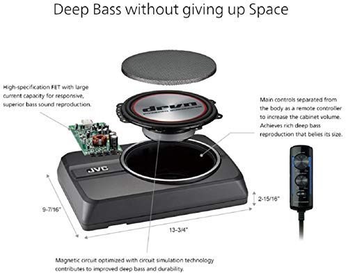 JVC CW-DRA8 Compact Powerful Subwoofer 250-watt Class D Amplifier, Shallow Profile 8 Inch Sub, Aluminum Enclosure for Deep Bass, Wired Remote, Compact Design, Easy Installation JVC CW-DRA8 Compact Powerful Subwoofer 250-watt Class D Amplifier, Shallow Profile 8 Inch Sub, Aluminum Enclosure for Deep Bass, Wired Remote, Compact Design, Easy Installation